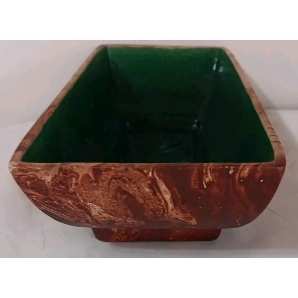 Vtg Romco Rocky Mountain Pottery Planter‎ Faux Wood Grain Green Glaze Int. READ